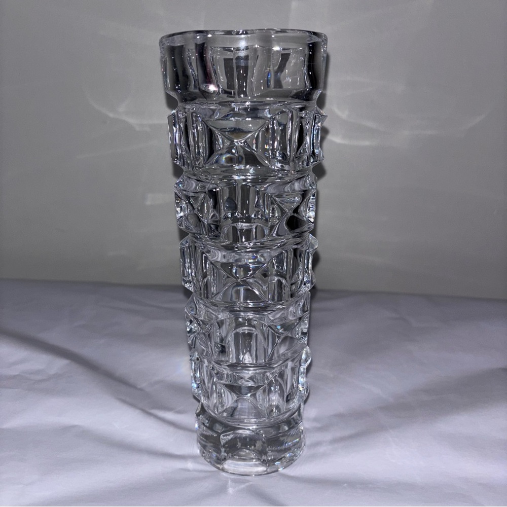 Cristal D'Aques vintage cubist faceted bud vase Durand Ancenis 1970s 8.5"